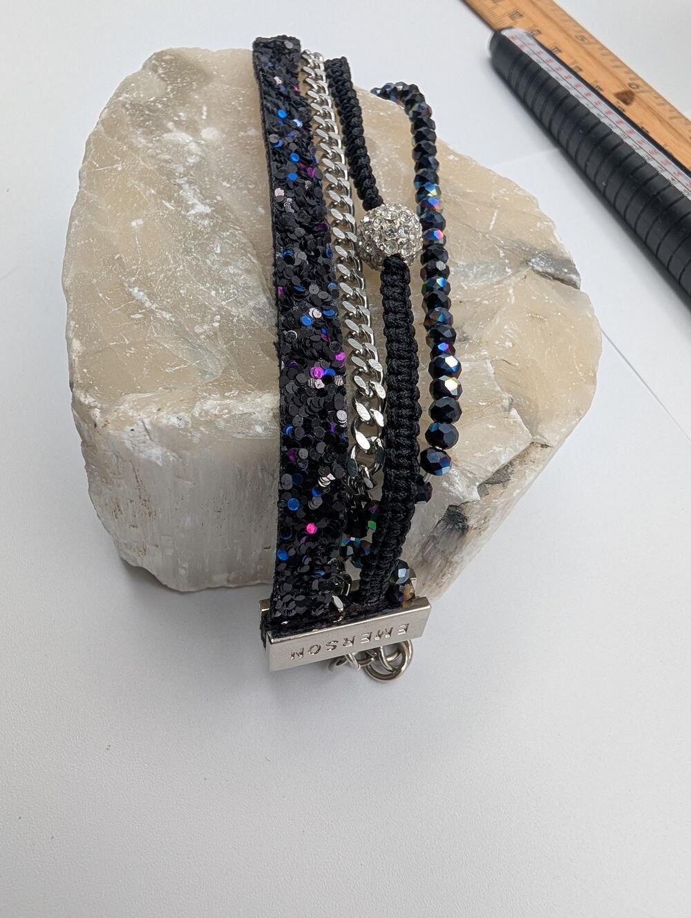 Victoria Emerson Black Sequin Beaded Chain Multi-Strand Bracelet Pave Charm